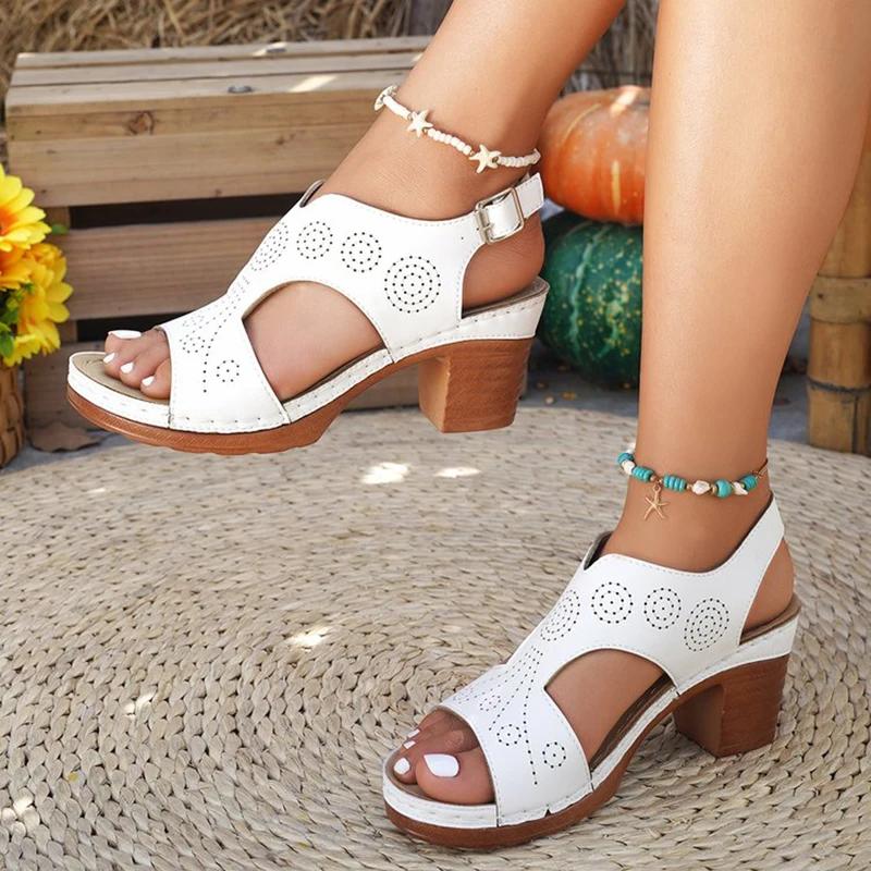 Fashion Summer Solid High Heel Sandals for Women Comfortable Square-Heeled Woman Sandals Adjustable Strap Casual Woman Sandalias