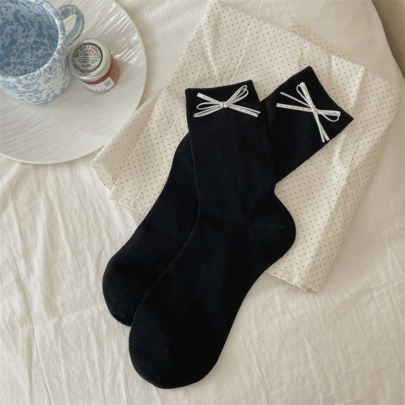Female Spring and Summer Thin Pure Color Dark Grain Love Bow Ballet Wind Cylinder Stack Socks