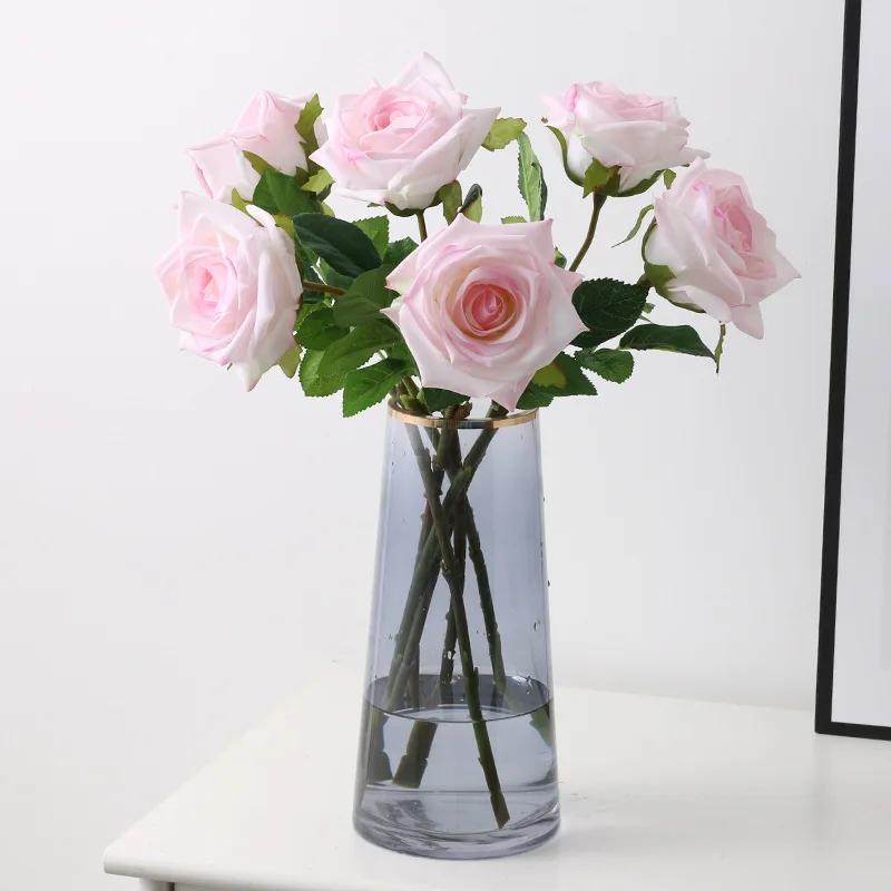 Echte Haptik Künstliche Latex-Rosen Nordischer Esstisch Heimdeko Rosa Weiß Feuchtigkeitsspendende Künstliche Rosen Hochzeitsdekoration