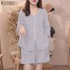 ZANZEA Women 3/4 Sleeve Blouse and Shorts Summer Two Piece Suit Sets