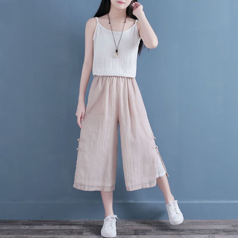 

Летние женские широкие брюки, двухслойные, свободного покроя, в этническом стиле, из хлопка и льна, прямые, повседневные брюки для йоги L