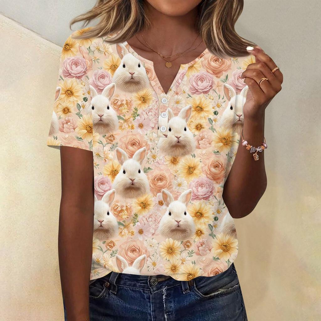 Damen T-Shirt mit Aufdruck und Knopfleiste, kurzärmelig, für den Alltag, Wochenendmode, Basic, V-Ausschnitt, normales Oberteil