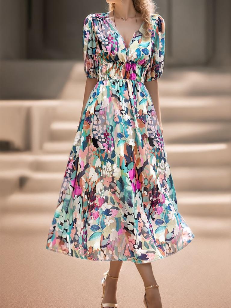 Sommer V-Ausschnitt Bedrucktes Taillen Empire-Kleid