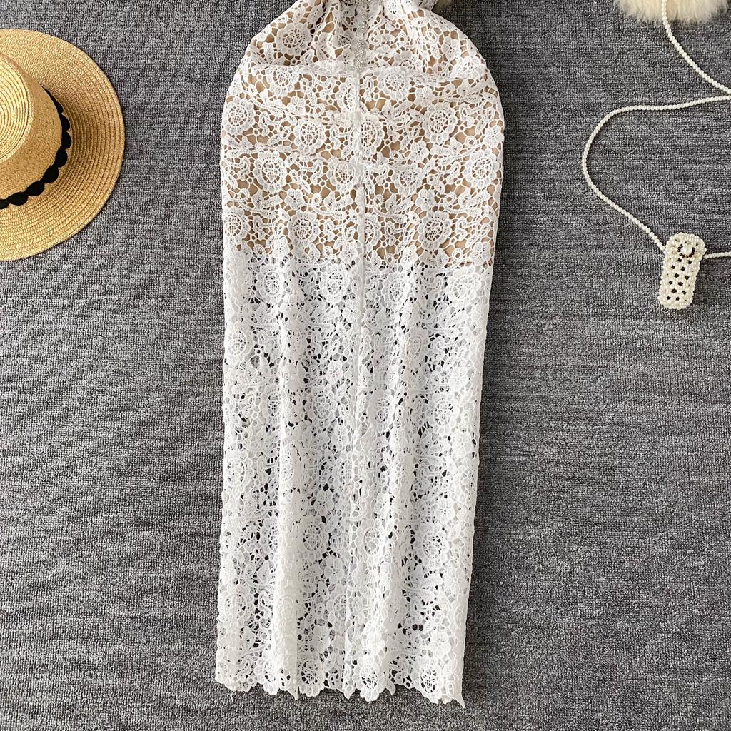 Summer Women Elegant Luxury Beading Lace Crochet Flower Slim Long Maxi Bodycon Pencil Party Dresses