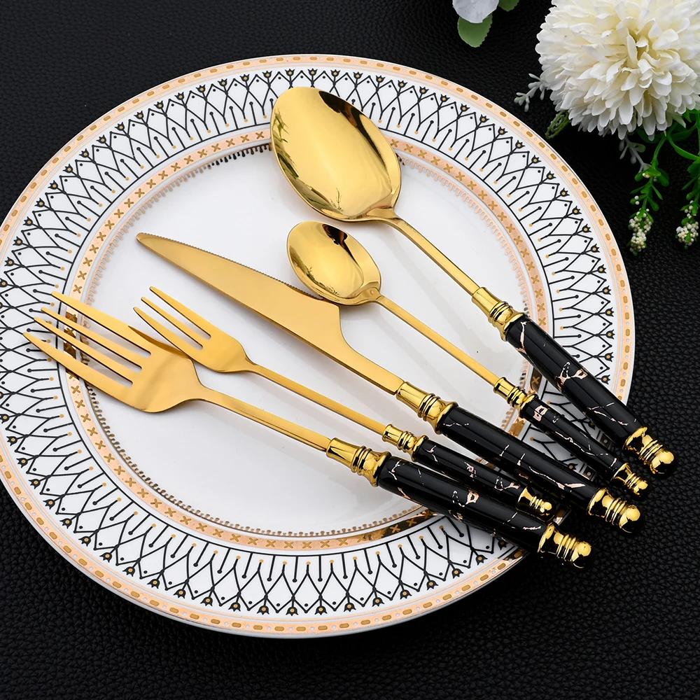 24Pcs Cutlery Set Stainless Steel Dinnerware Kitchen Fork Knife Tea Spoon Tableware Set Flatware Set Gold Silverware Set