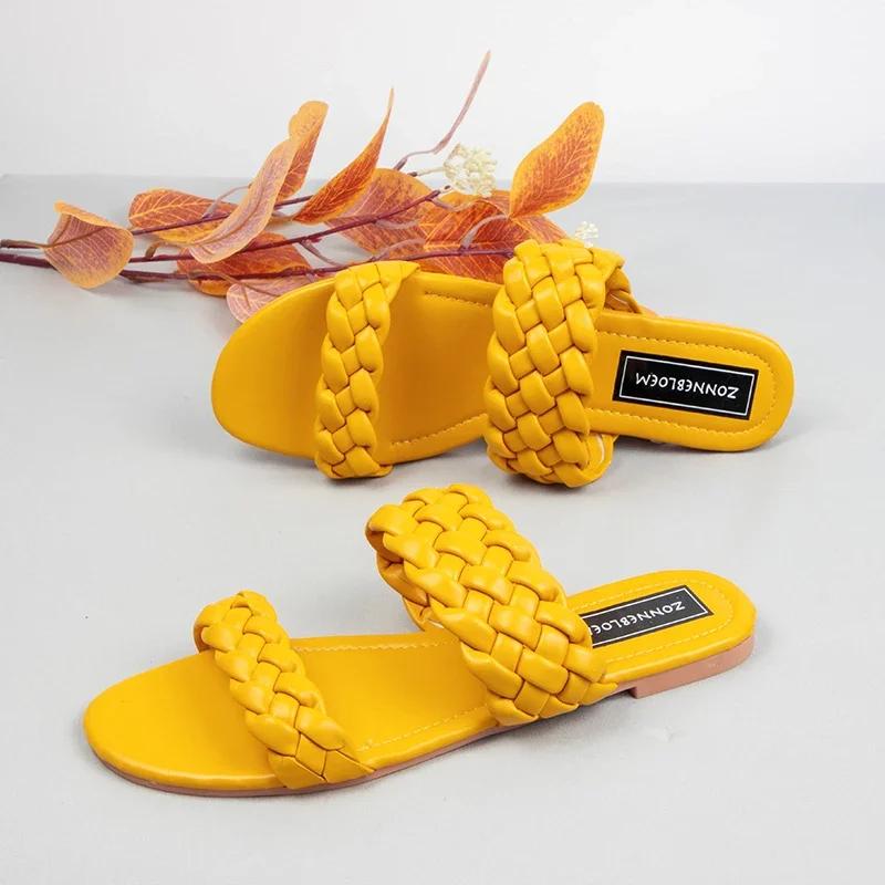 Fashion 2025 New Designer Women Outside Slippers Summer Woman Flat Slides High Quality PU Leather Fashion Double Weave Beach Sandals