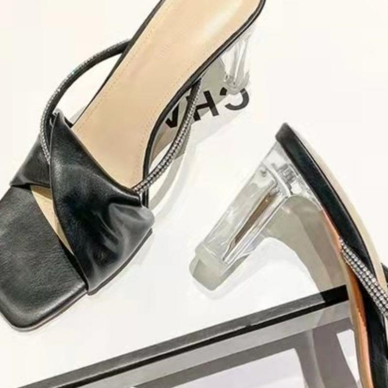 Fashion French Style Fashion Women's Outdoor Wear Hot Selling 2025 Summer New Versatile Open Toe Thick High-heeled Crystal Slippers