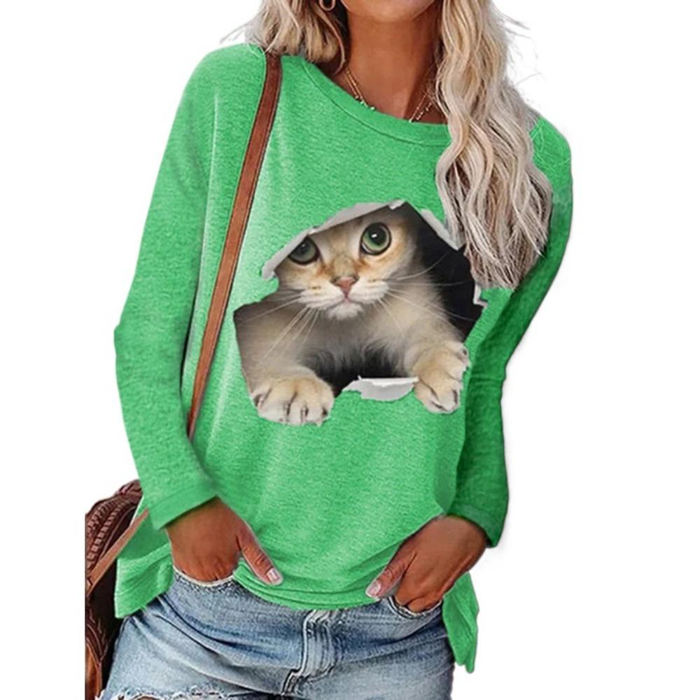 GMXIA Women's Fashion Casual Spring Autumn Kitten print Long Sleeve O-Neck Blouses & Shirts