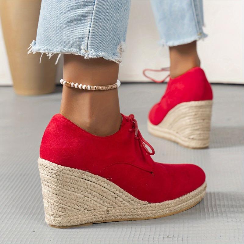 Women's Solid Color Stylish Shoes, Lace Up Low-top Platform Wedge Shoes, Espadrilles Round Toe Versatile Shoes