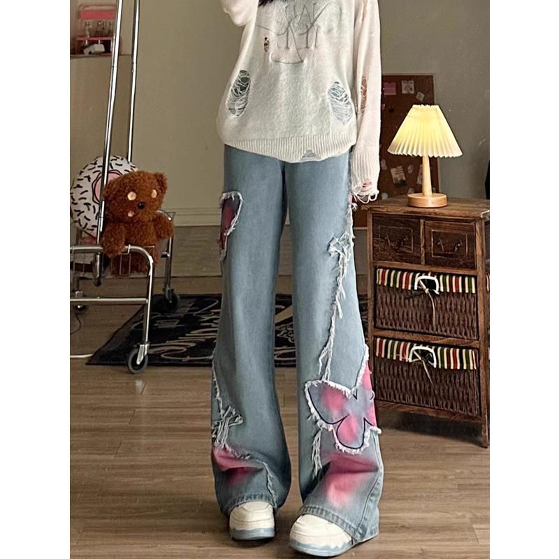 Women's Plus Size Retro High-Waist Loose Fit Butterfly Patchwork Wide-Leg Jeans