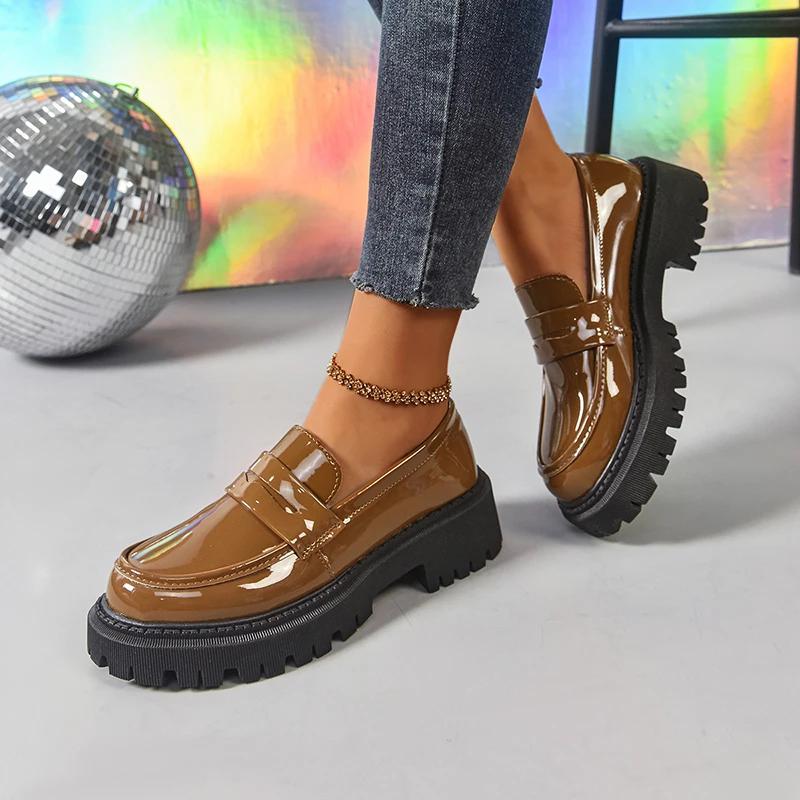 Fashion 2025 Spring New Pu Leather Loafers Women Vintage Soft Bottom Med Heel Pumps Ladies Outdoor Wear Resistant Platform Shoes Mujer