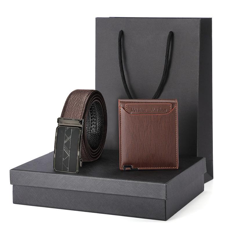 Water Ripple Brown Belt Wallet Set Gift Box Men's Business Gift Logo Genuine Leather Belt