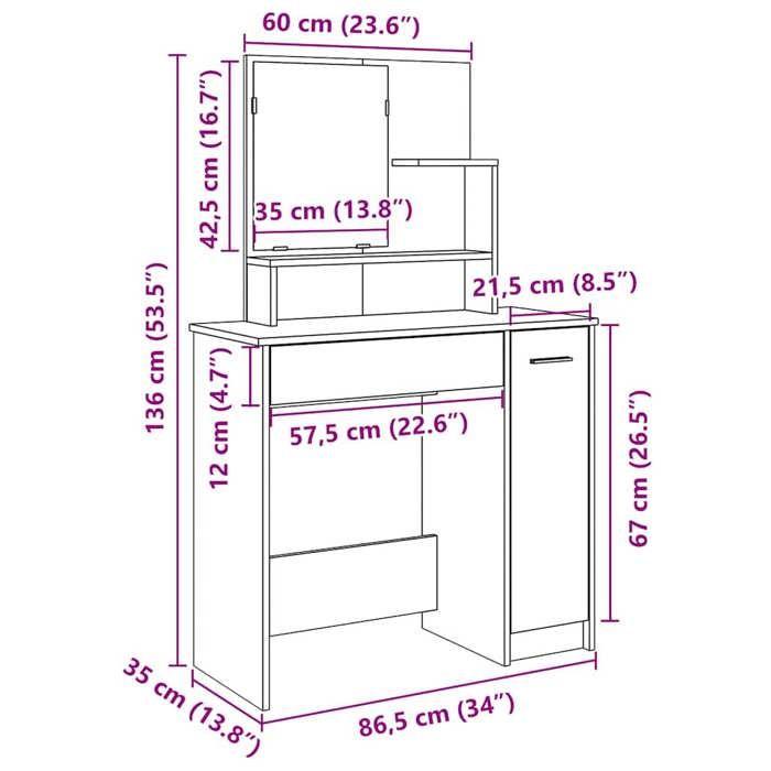 VidaXL Coiffeuse avec miroir vieux bois 86,5x35x136 cm, table de maquillage, table cosmétique, coiffeuse avec tiroir, table 857009