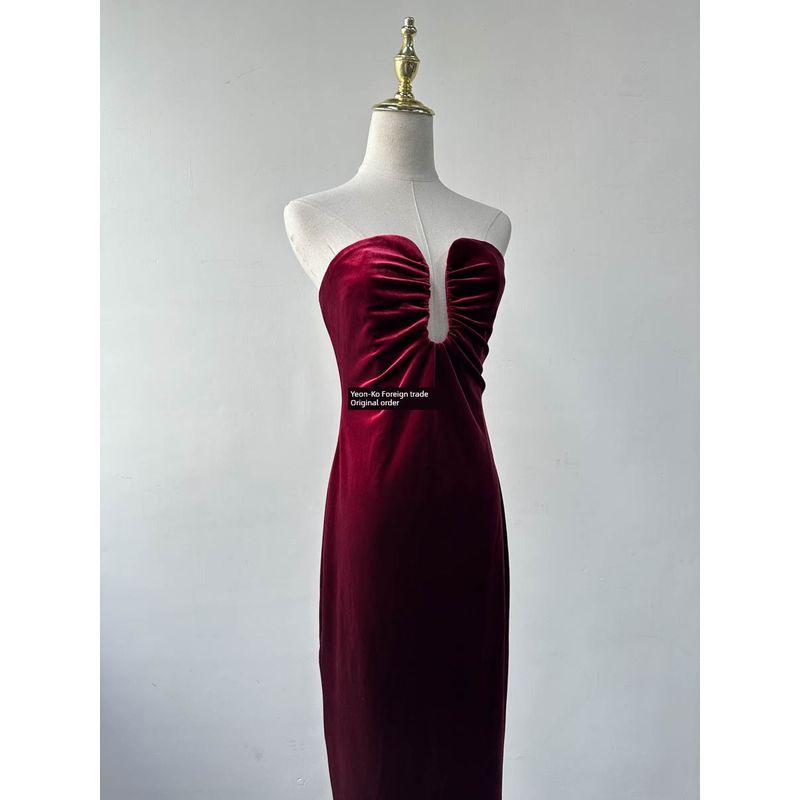 

Foreign Trade Original Order ASTR Big U-Neck Fashionable Sexy Strapless Dress Classy Velvet Sexy Silm Simple Dress Women Wine Red Tube Top Flaw (Random) L