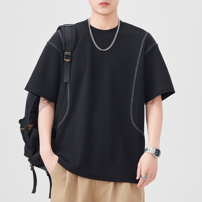 New Summer Short-sleeved T-shirt for Men's Bright Line Loose Five-point Sleeve T-shirt Casual Japanese Retro