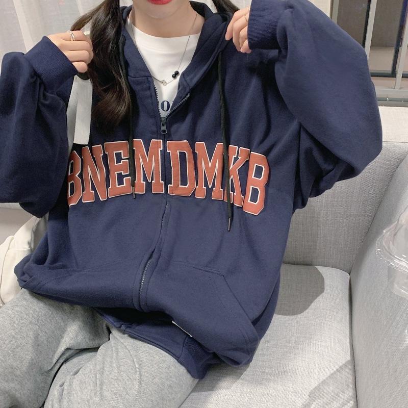 Женские толстовки Harajuku, корейская версия, куртка с капюшоном с буквенным принтом, женские осенне-зимние толстовки большого размера, уличная одежда M темно-синий