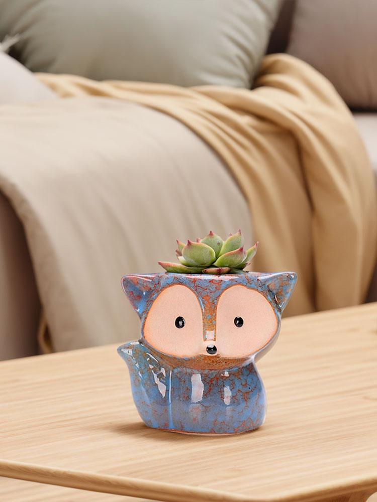 Fox Ceramic Succulent Pot Bonsai Container Multi-Function Flower Planter Pot with Drain Hole Garden Plant Pot for Indoor Outdoor