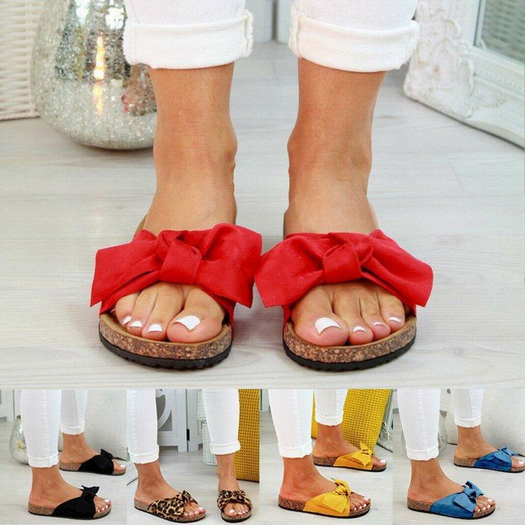 2025 Summer Foreign Trade Large Size Bow Slippers Female Leopard Print Casual One-word Suede Flat Bottom Sandals
