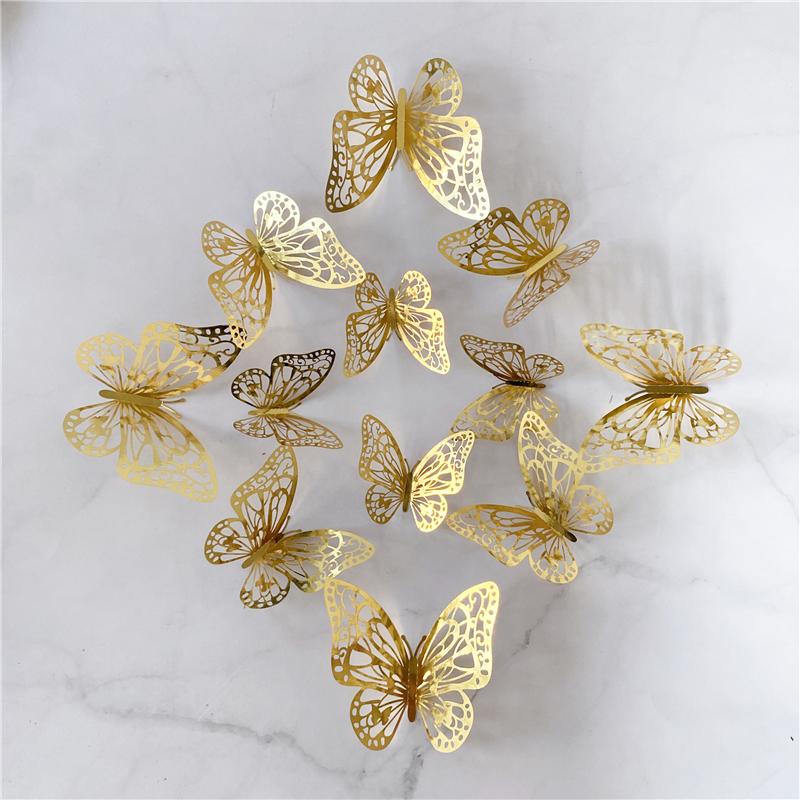 12Pcs/Set 3D Hollow Butterfly Wall Sticker Gold Silver Rose Wedding Decoration Living Room Home Decor Butterflies Decal Stickers KTY