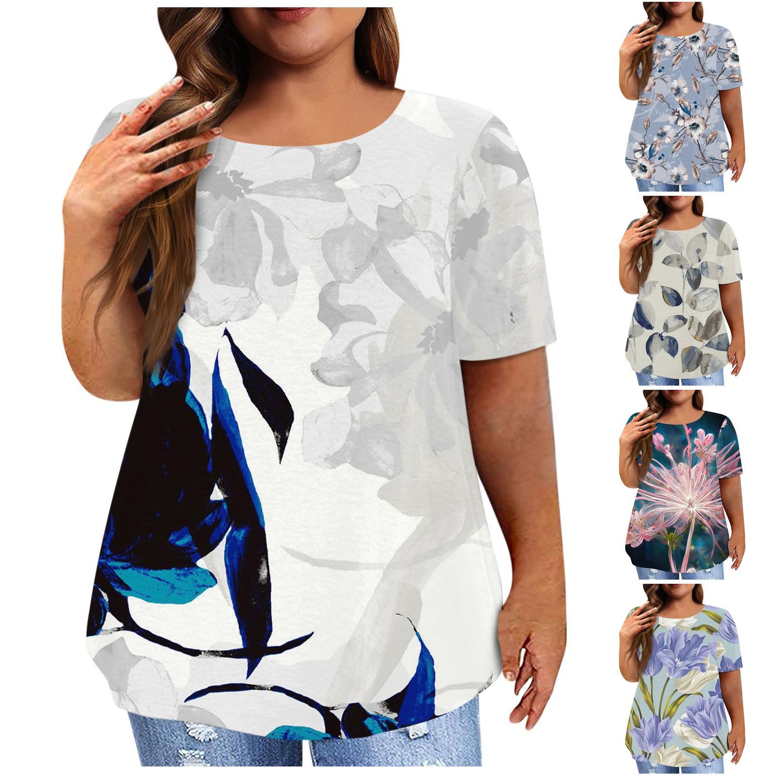 

Женская мода, повседневный летний топ больших размеров с принтом и коротким рукавом с круглым вырезом