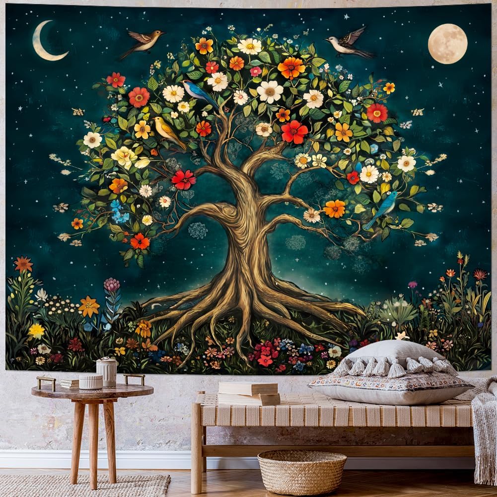 Amtoodopin Tree of Life Tapestry Mystic Boho Flowers Tapestry Vintage Aesthetic Tree Wall Tapestries Retro Nature Floral Plants Tapestries Wall