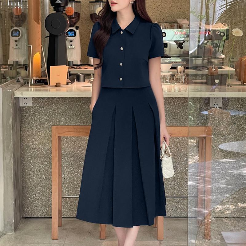 

ZANZEA Женские блузки с коротким рукавом и юбки Летние комплекты из двух частей темно-синий