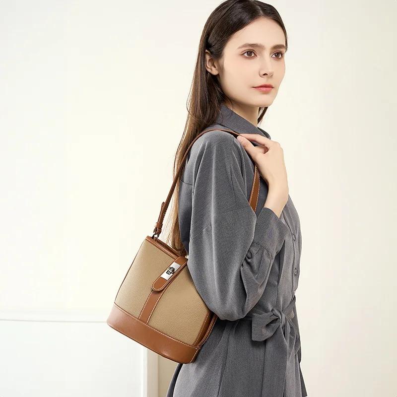 Genuine leather leather bucket shoulder bag for women  luxury bags  women's crossbody bags