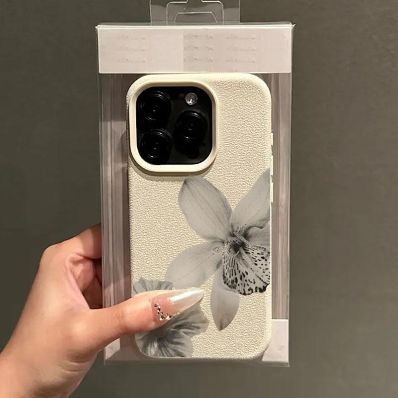 Litschi-Leder-Muster Handyhülle Für Samsung S25 S24 S23 S22 S21 S20 S10 Plus FE Ultra 4G 5G Hülle Schwarz-Weiß Floralmuster