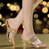 2026 New Women's Summer Fashion Comfort Elegant Sandals Gold One-word Diamond Stiletto Heel Medium Heel Rhinestone Sandals