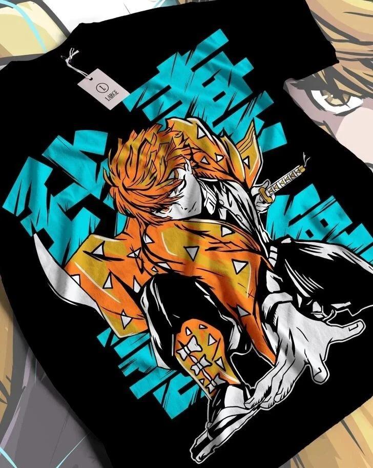 Anime Agatsuma Zenitsu Demon Slayer Black T Shirt Size S 4XL S