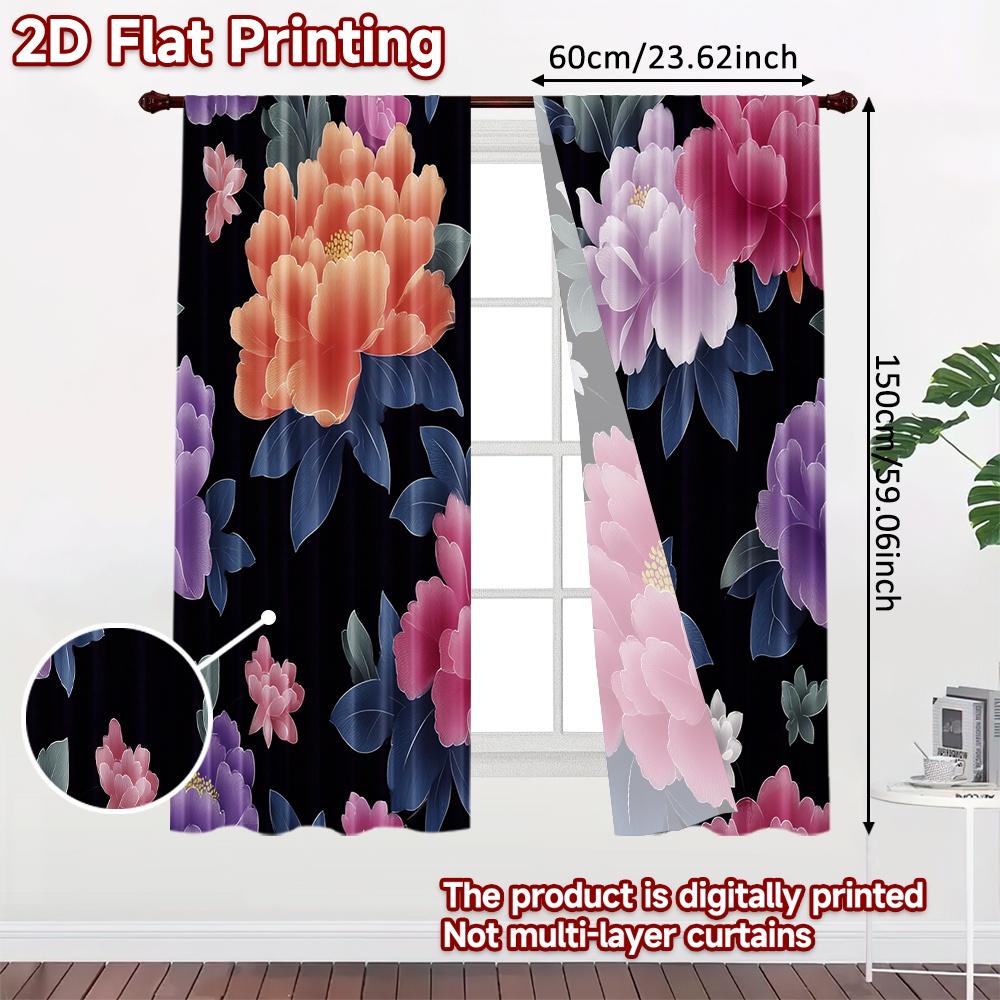 2D FLAT PRINTING 2pcs Curtains (Without Rod) Floral Elegance on Black (3) April Fools is Day Festival Creative Curtains