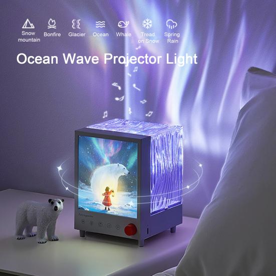 Aurora Projektor Nachtlicht mit Bluetooth-kompatiblem Lautsprecher Farbwechselndes LED Welleneffekt Nachtlicht Wiederaufladbare Nachttischlampe für Schlafzimmer