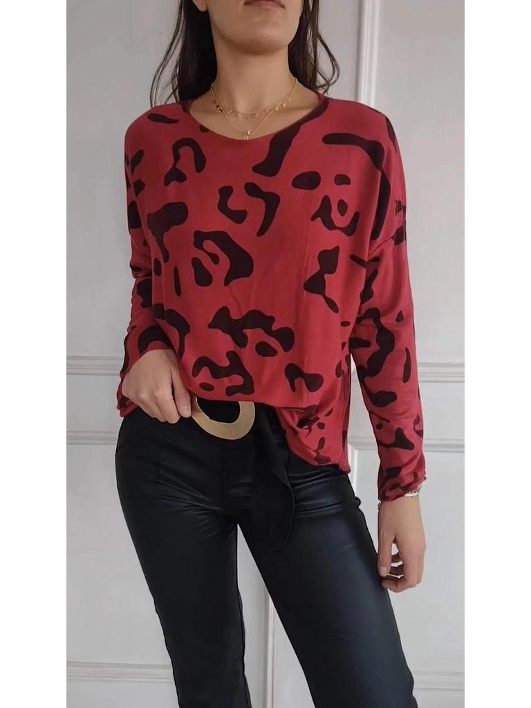 2024 Autumn/Winter Casual Leopard Print Women's Long Sleeve Crew Neck Top