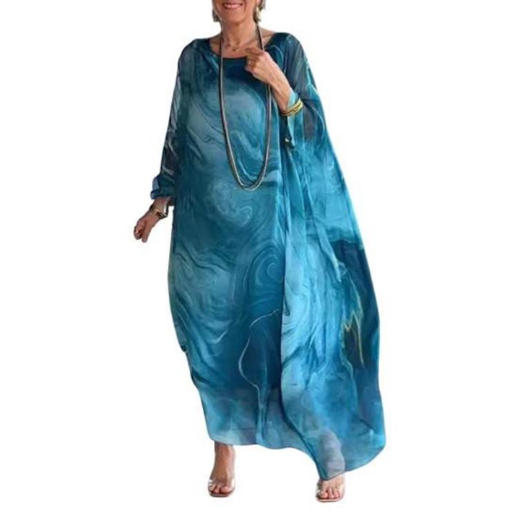 Dlouhé šaty pro ženy s mramorovým potiskem, dvouvrstvé, nepravidelné netopýří rukávy, oversized, splývavé, ležérní, kulatý výstřih, délka ke kotníkům