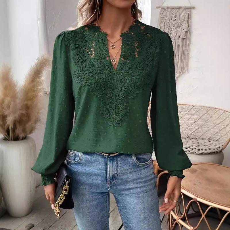 Mote Ny V-hals Blonder Patchwork Langermet Casual Skjorte Dame Topper Elegant Slim Fit Hul Løs Bluser Dame Vintage Street Hvite Skjorter 26625