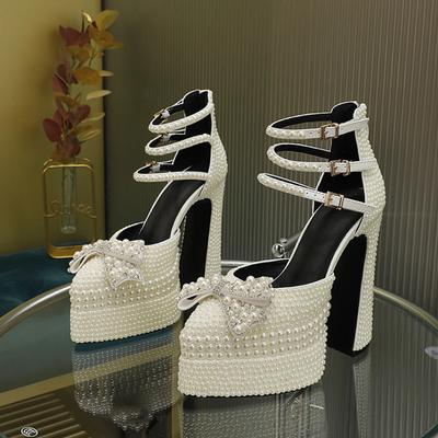 Fashion Brand Hand Inlaid Pearl/Rhinestone High Heel Sandals Wedding Bridal Party Water Platform Bow Sandals Large 42 Sexy Women's Shoes