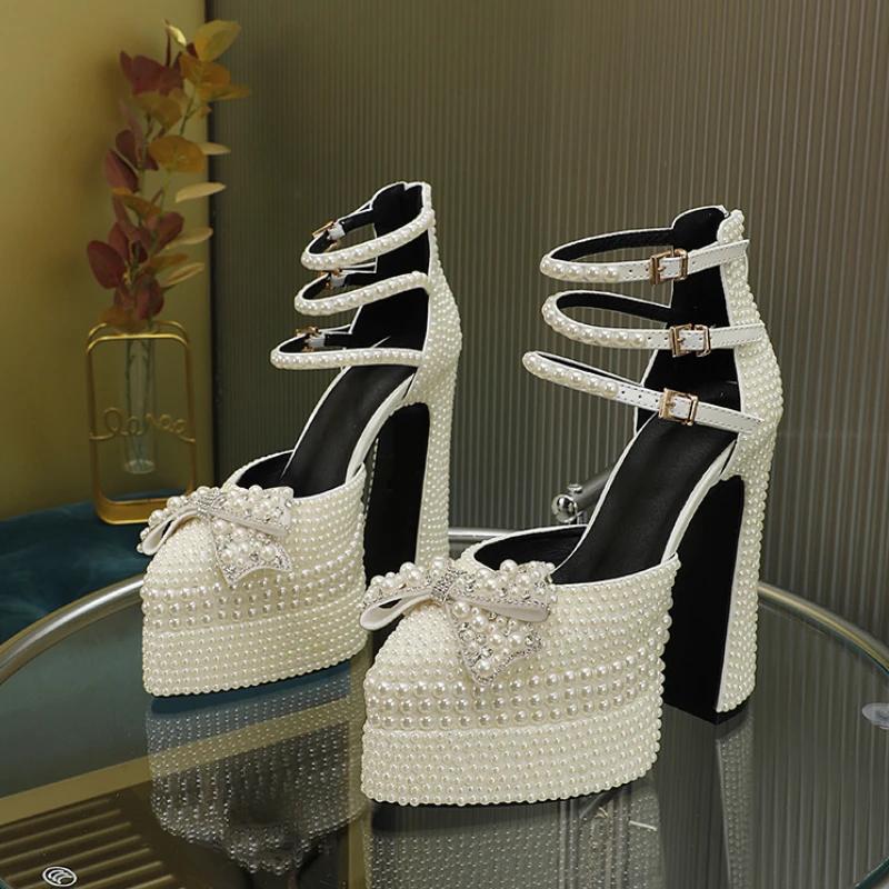 Fashion Brand Hand Inlaid Pearl/Rhinestone High Heel Sandals Wedding Bridal Party Water Platform Bow Sandals Large 42 Sexy Women's Shoes
