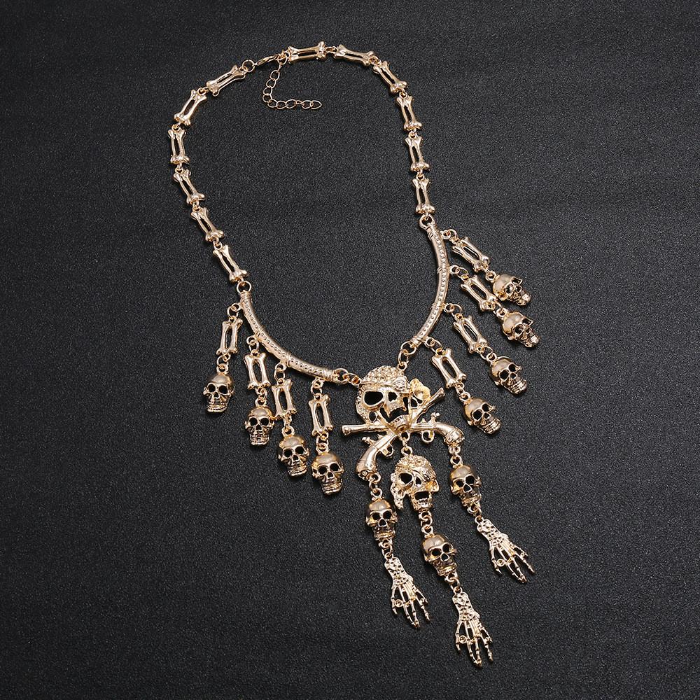 Skull Geometric Vintage Pendant Necklace With Tassel Chain For Gothic Punk Fans