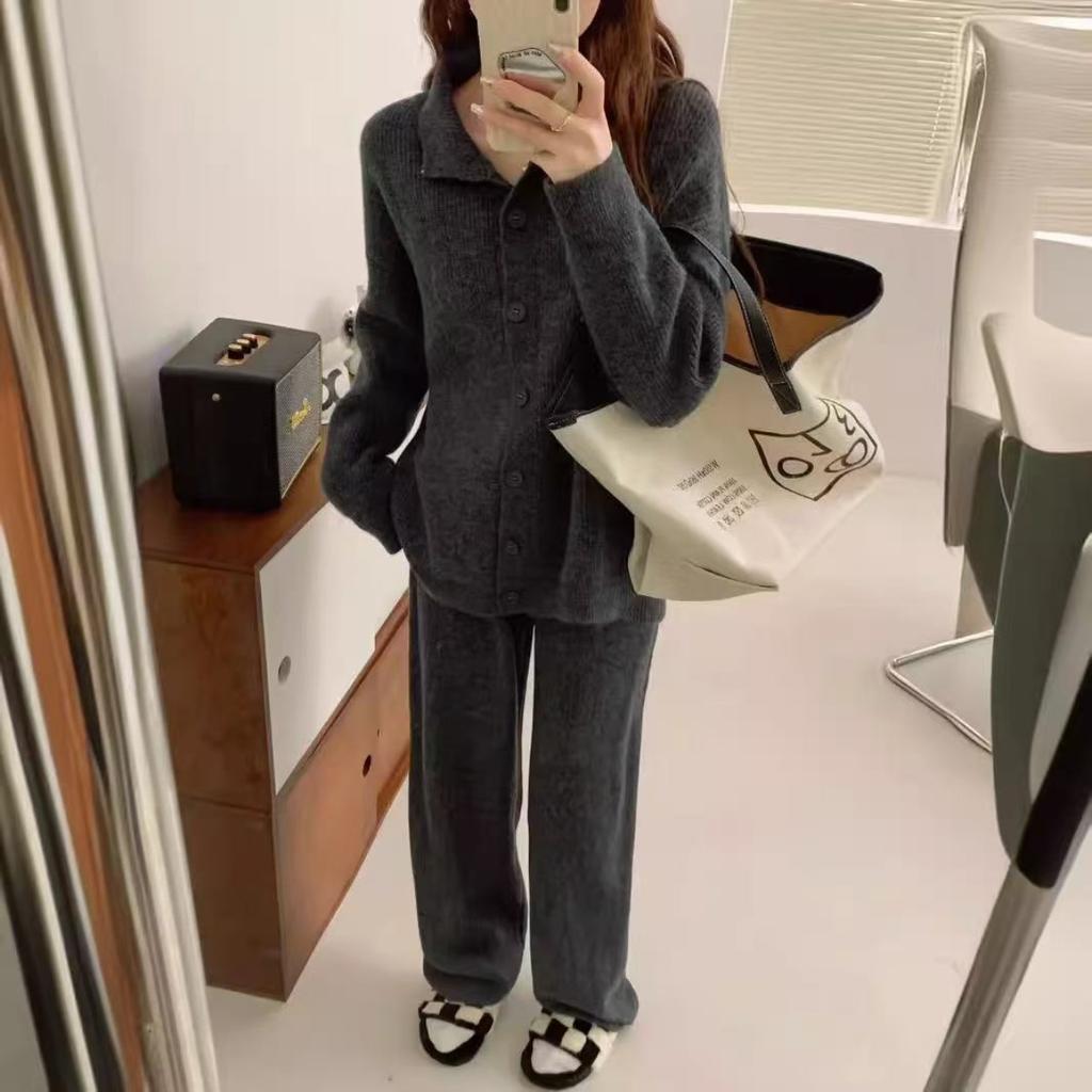 Fashionable Single-Breasted Collared Knitwear Set Women's Autumn/Winter New Arrival Cardigan Sweater Outerwear + Wide Leg Trousers Two-Piece Set
