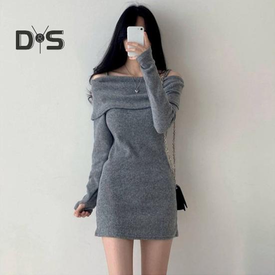 Women Knitting Tops Off Shoulder Long Sleeve Solid Color Slim Fit Pullover Tops Sexy Ribbed Long Blouse