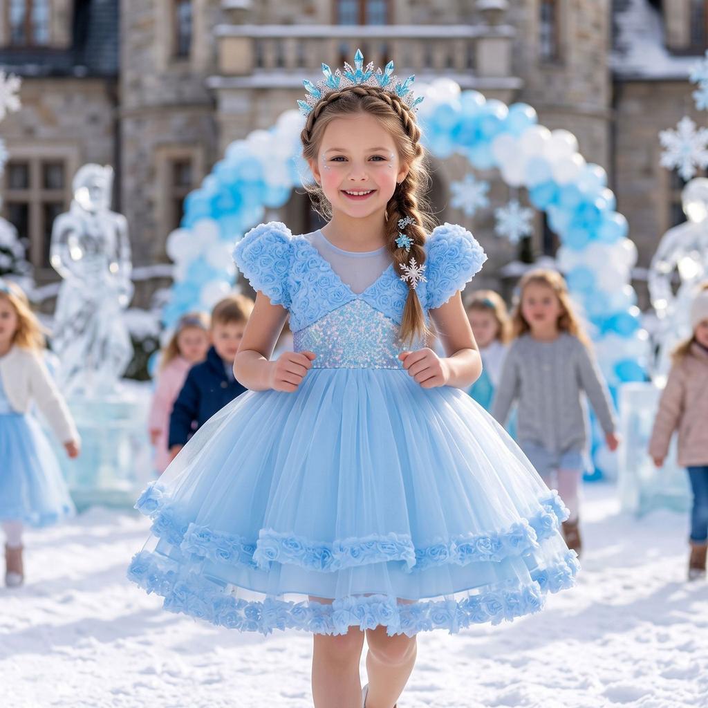 Girls Short Sleeve Tulle Sequin Princess Dress For Birthday Party