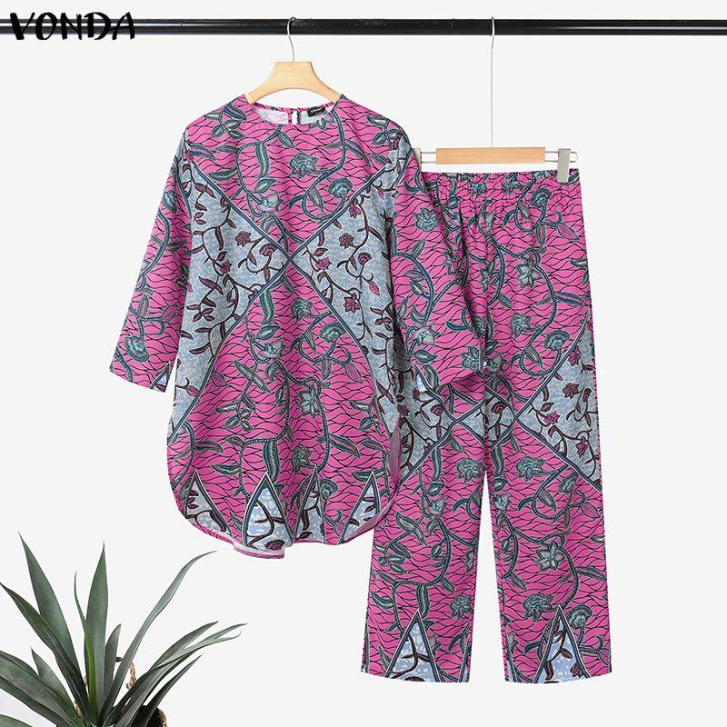 VONDA Oversized Women Long Sleeve Floral Print Tops and Straight Pants Bohemia Sets