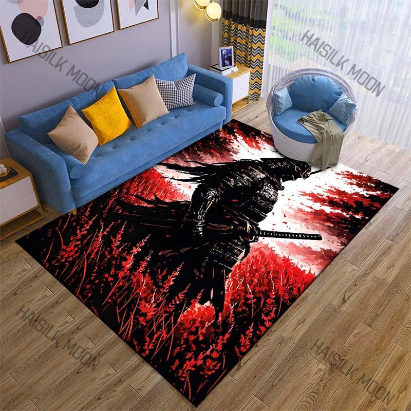 Samurai silhouette in red field Print Carpet Rug for Living Room Bedroom Sofa Doormat Home Decor Non-slip Floor Mat
