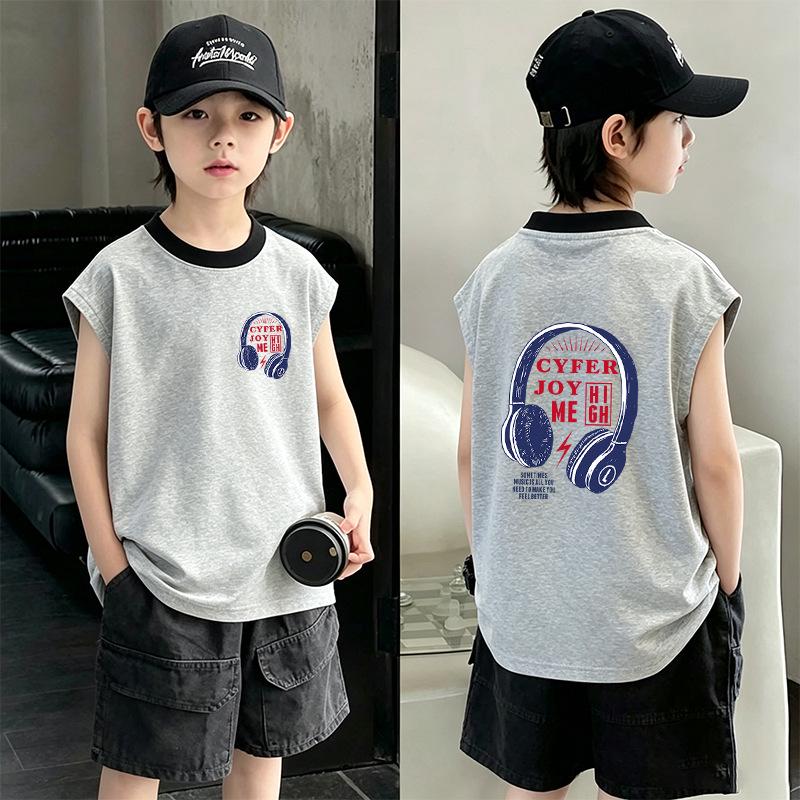 Boys' 2026 Summer Color Block Cotton Vest: Trendy Sleeveless T-shirt for Medium & Older Boys