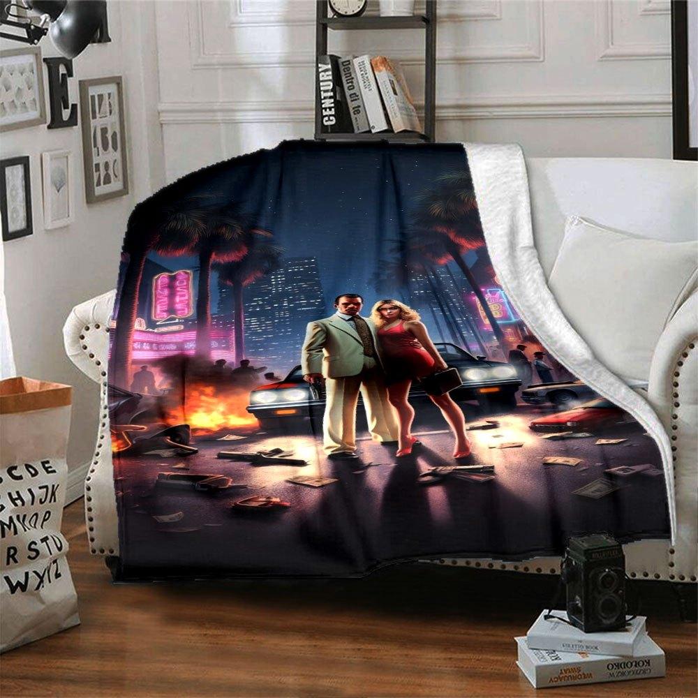 

1 шт. М яка фланелева ковдра Grand Theft Auto з дизайнерським принтом. Затишна ковдра для будь-якої пори року, ідеальна для дивана, ліжка, офісу 80x120cm