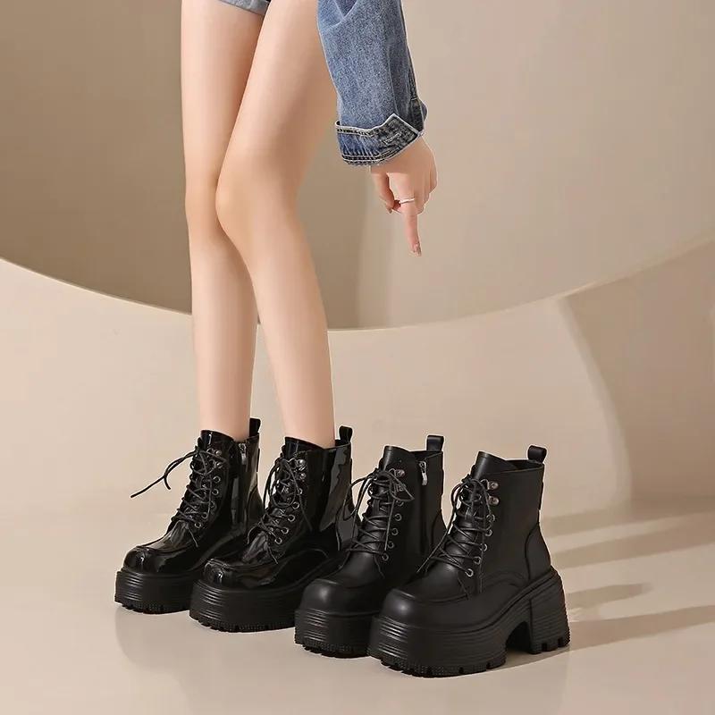 9CM Autumn Thick soled shoes for Women Winter 2024 Warm Versatile Height increasing Ankle Boots High top Leather shoes