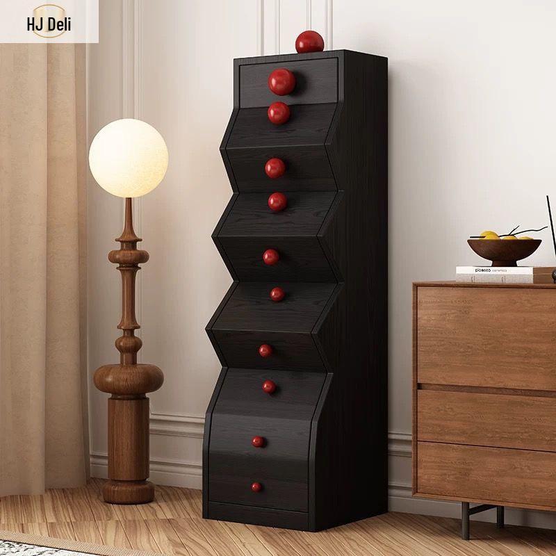 Solid Wood Irregular Five-Drawer Cabinet with Bead Design - Unique Living Room Storage Shelf