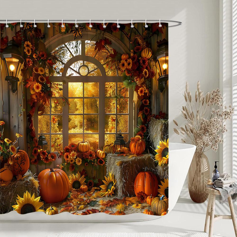 Rustic Farms Pumpkin Shower Curtain Thanksgiving Autumn Sunflower Polyester Fabric Shower Curtain Bathroom Decorative with Hooks