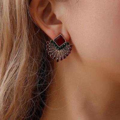 Orecchini a forma di ventaglio Rubino & Cristallo Retro Bohemien - Stile Etnico Europeo & Americano