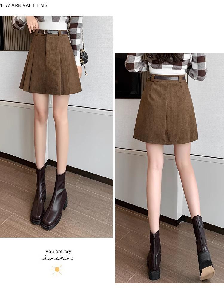 Women's A-Line Pleated Corduroy Wool Skirt with High Waist and Built-in Shorts for Autumn/Winter 2024.